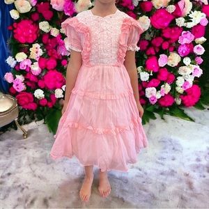 VTG Handmade Pink & White Lace Frilly Dress with I-C Poofy Slip Dress Vtg Sz 8